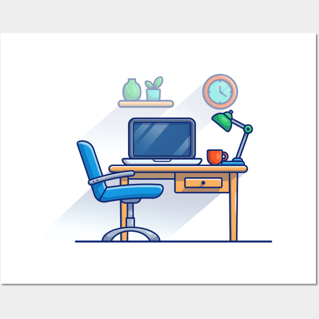 Work Bench, Desk, Laptop, Lamp, Plant, Cup, Clock And Floating Shelves Cartoon Wall Art by Catalyst Labs